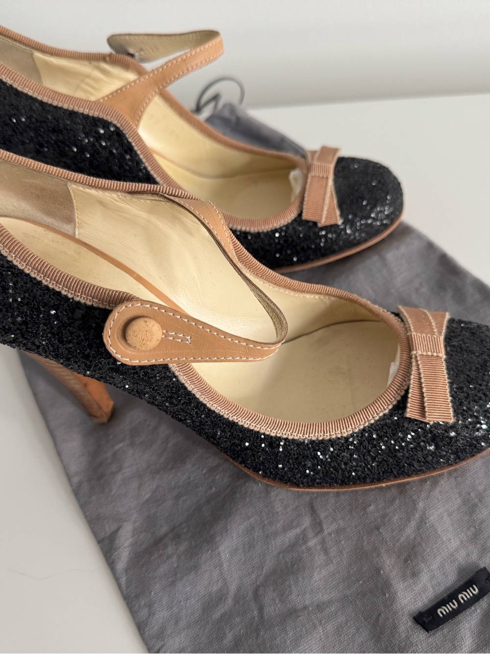 Miu Miu Black Glitter Mary Jane Heels with Tan Trim and Bow
